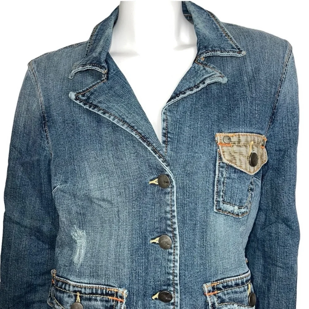 Vigoss Jeans Distressed Corduroy Patches Blue and Tan Utility‎ Denim Jean Jacket